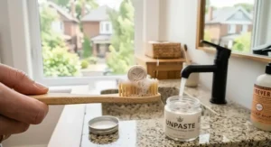 Toothpaste tablet foaming naturally on a soft-bristle toothbrush for sensitive teeth