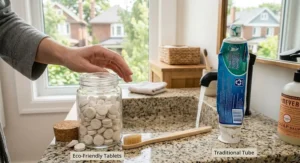 Side-by-side comparison of eco-friendly toothpaste tablets next to a recyclable plastic tube