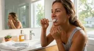 Close-up of a person brushing with baking soda toothpaste for whitening as part of a daily oral hygiene routine.