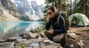 Hiker using lightweight toothpaste tablets for travel while camping near a Canadian lake
