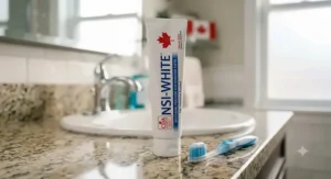 Tube of whitening peroxide toothpaste for sensitive teeth with a Canadian dental care symbol.