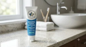 Baking soda toothpaste for sensitive teeth displaying a Canadian dental health seal of approval