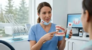 A Canadian dental hygienist demonstrating how to safely use baking soda toothpaste for whitening.
