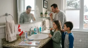Canadian family standing in a modern bathroom using hydrogen peroxide toothpaste for daily sensitive tooth care.