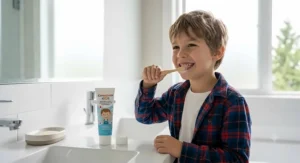 Young boy happily using natural nano hydroxyapatite toothpaste for kids at the sink