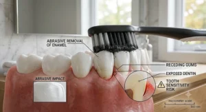 Visual explanation of how abrasive charcoal toothpaste can cause tooth sensitivity and wear down protective tooth enamel.