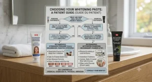 Decision flowchart helping Canadian patients choose between hydrogen peroxide toothpaste and charcoal toothpaste based on oral health needs.