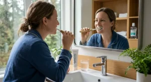 Person brushing with hydroxyapatite toothpaste for sensitive teeth as part of a daily Canadian dental routine