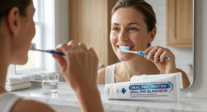 Person brushing teeth daily using effective hydrogen peroxide toothpaste for surface stain removal
