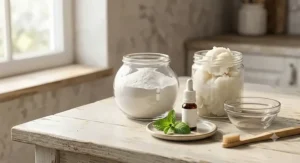 Natural ingredients including sodium bicarbonate and coconut oil used to make baking soda toothpaste for whitening.