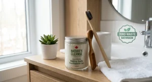 An eco-friendly jar of zero-waste baking soda toothpaste alongside a bamboo toothbrush.