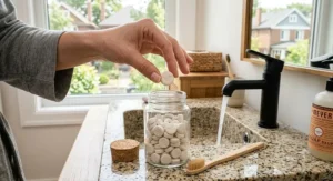 Zero-waste toothpaste tablets in a reusable glass jar next to a bamboo toothbrush