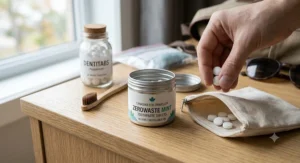 Zero-waste toothpaste tablets for travel stored in a plastic-free recyclable tin canister