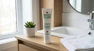 A tube of fluoride-free baking soda toothpaste on a clean bathroom counter.
