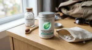Fluoride toothpaste tablets for travel displaying a clean mint flavour leaf illustration