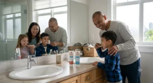 Canadian family maintaining morning dental hygiene with nano hydroxyapatite toothpaste for kids