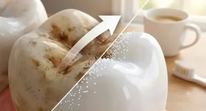 Illustration showing how baking soda toothpaste for whitening lifts surface coffee and tea stains from tooth enamel.