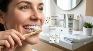 An illustration explaining how gentle baking soda toothpaste lifts coffee and tea stains.
