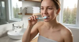Person gently brushing sensitive teeth with baking soda toothpaste using a soft-bristle toothbrush
