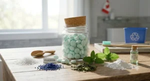 Step-by-step demonstration of how to chew and brush with solid toothpaste tablets