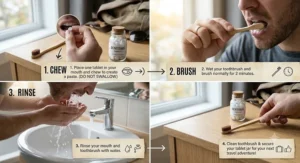 Step-by-step diagram showing how to chew, brush, and rinse with toothpaste tablets for travel