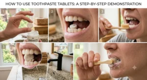Step-by-step demonstration of chewing a toothpaste tablet before brushing
