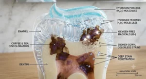Diagram showing how peroxide toothpaste penetrates tooth enamel to break down deep discoloration from coffee and tea.