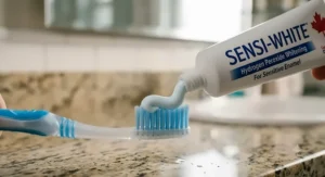 Close-up of hydrogen peroxide toothpaste squeezing onto a soft toothbrush for sensitive teeth.