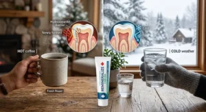 Illustration demonstrating hydroxyapatite toothpaste protecting sensitive teeth from hot coffee and cold weather
