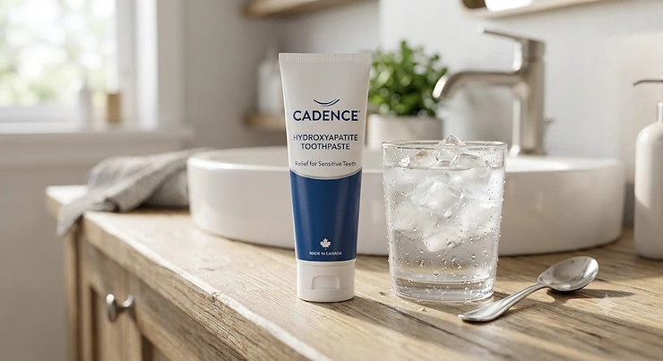A tube of hydroxyapatite toothpaste for sensitive teeth beside a glass of ice water