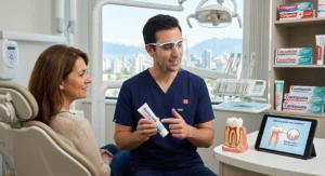 Canadian dentist explaining the safety of baking soda toothpaste for sensitive teeth to a patient