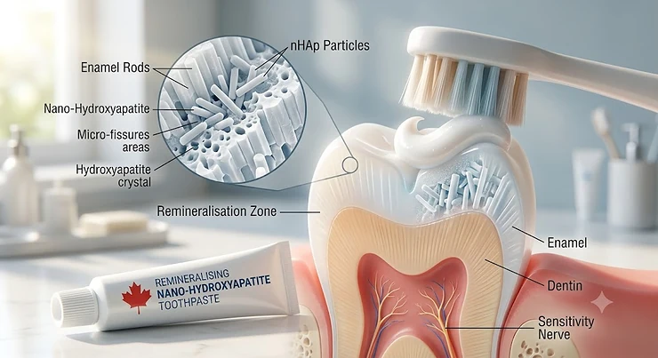 A tube of nano hydroxyapatite toothpaste sitting on a bathroom counter next to a bamboo toothbrush in a Canadian home.