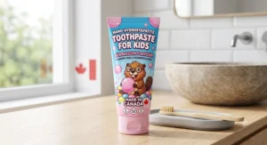 Kid-friendly bubblegum flavoured nano hydroxyapatite toothpaste tube made in Canada