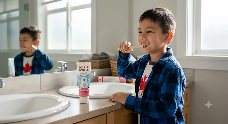 Child brushing teeth with Canadian fluoride-free nano hydroxyapatite toothpaste for kids