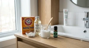 Simple ingredients for a natural homemade baking soda toothpaste recipe.