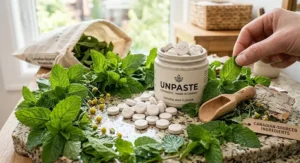 Fresh mint leaves surrounding natural toothpaste tablets made with Canadian-sourced ingredients