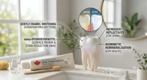 Close-up of a healthy, white smile achieved through natural polishing with nano hydroxyapatite toothpaste.