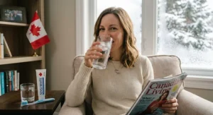 Person drinking an ice-cold beverage pain-free after using peroxide toothpaste for sensitive teeth.