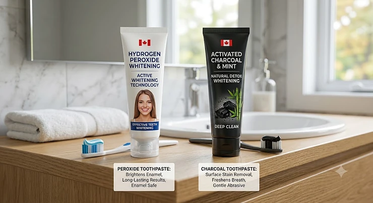 Comparison of hydrogen peroxide toothpaste and activated charcoal toothpaste for Canadian consumers seeking effective teeth whitening. peroxide toothpaste vs charcoal toothpaste