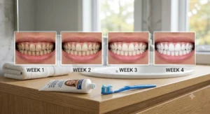 Timeline illustration demonstrating teeth whitening progress over four weeks using hydrogen peroxide toothpaste.