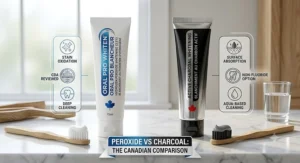 Comparison illustration between hydrogen peroxide toothpaste and activated charcoal toothpaste