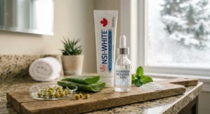 Natural ingredients alongside hydrogen peroxide in a gentler toothpaste formula for sensitive gums.