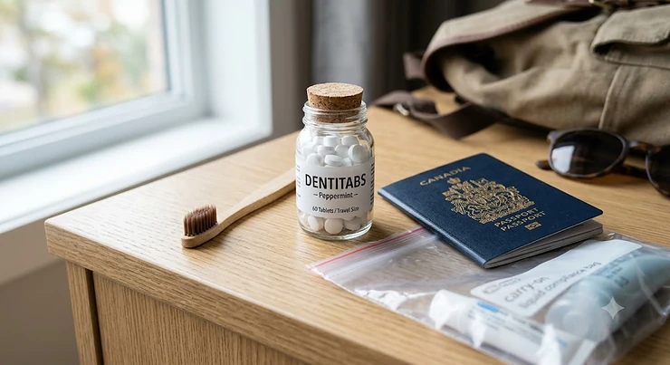Compact bottle of travel toothpaste tablets sitting next to a Canadian passport and carry-on liquid compliance bag