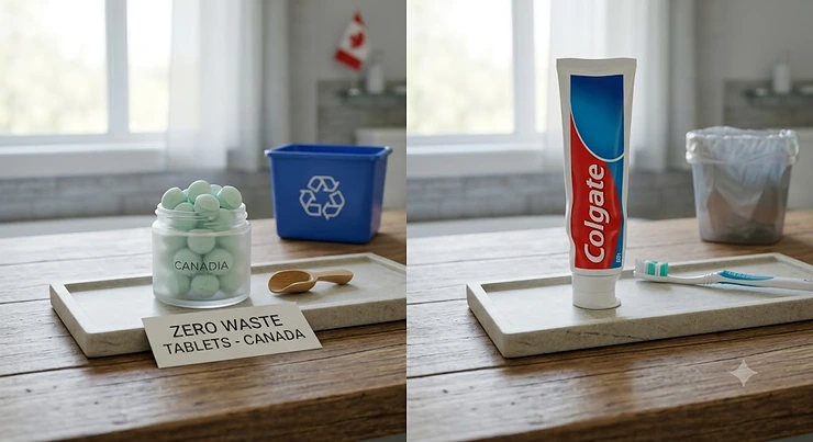 Comparison of zero waste toothpaste tablets and traditional toothpaste in a recyclable Canadian bathroom setting toothpaste tablets vs traditional toothpaste