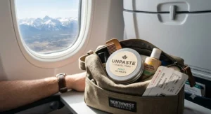 Compact tin of toothpaste tablets packed in a travel bag for a flight across Canada