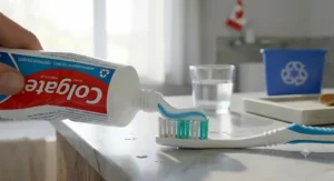 Compact travel container of toothpaste tablets packed in a carry-on bag for easy Canadian travel