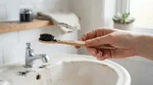 Using black activated charcoal tooth powder for whitening during a morning routine in Vancouver.