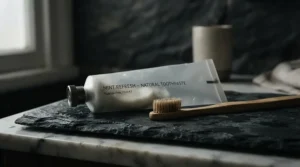 An eco-friendly carton featuring the best gel toothpaste next to a bamboo toothbrush on a slate tray.