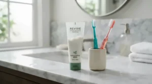A family-friendly tube of the best gel toothpaste sitting on a busy double-sink bathroom counter.