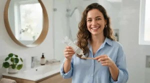 A person smiling warmly while holding the best gel toothpaste with a mild flavour profile during their morning routine.